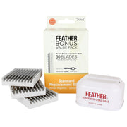 Feather front packaging showing value pack and blade count for reliable supply