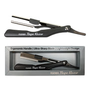 Feather front packaging showing compact razor and included blade for precise grooming