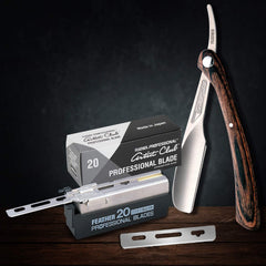 Feather open pack displaying multiple blades, emphasizing hygienic storage