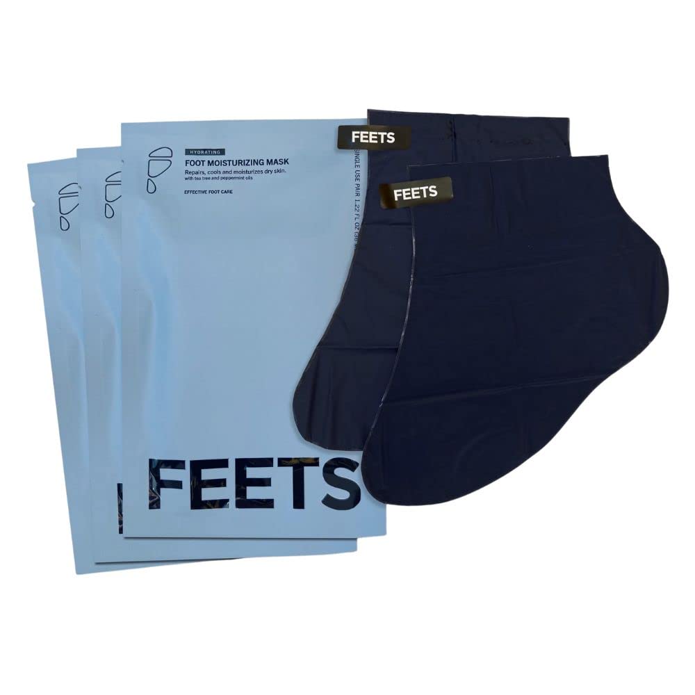 FEETS front packaging showing three foot mask packets and benefits