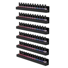 FEMELI front view of black acrylic rack showing organized polishes and visibility benefit