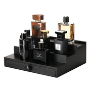 Fengligoo front view of black wooden cologne stand showing organized bottles and easy access