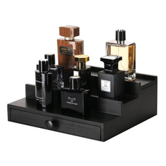 Fengligoo front view of black wooden cologne stand showing organized bottles and easy access