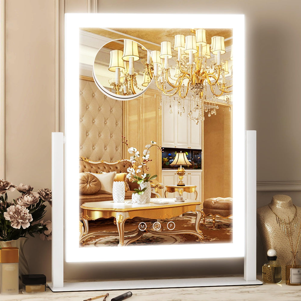 FENNO front view white vanity mirror showing clean frame and LED benefits clear reflection