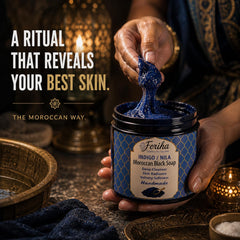 FERIHA product label with nila indigo and olive paste details that support traditional authenticity