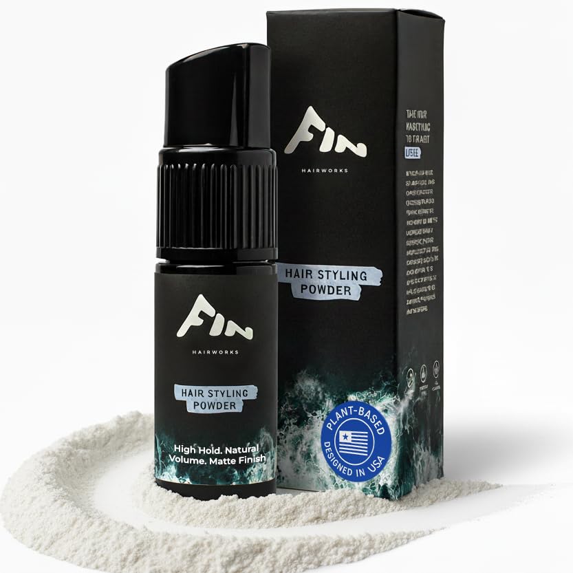 Fin Hairworks front packaging showing compact 20g bottle and branding benefit