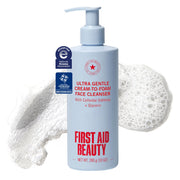 First Aid Beauty cleanser front pump showing bottle and hygienic dispenser benefit