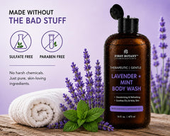 First Botany body wash in use under shower stream showing effective cleansing action