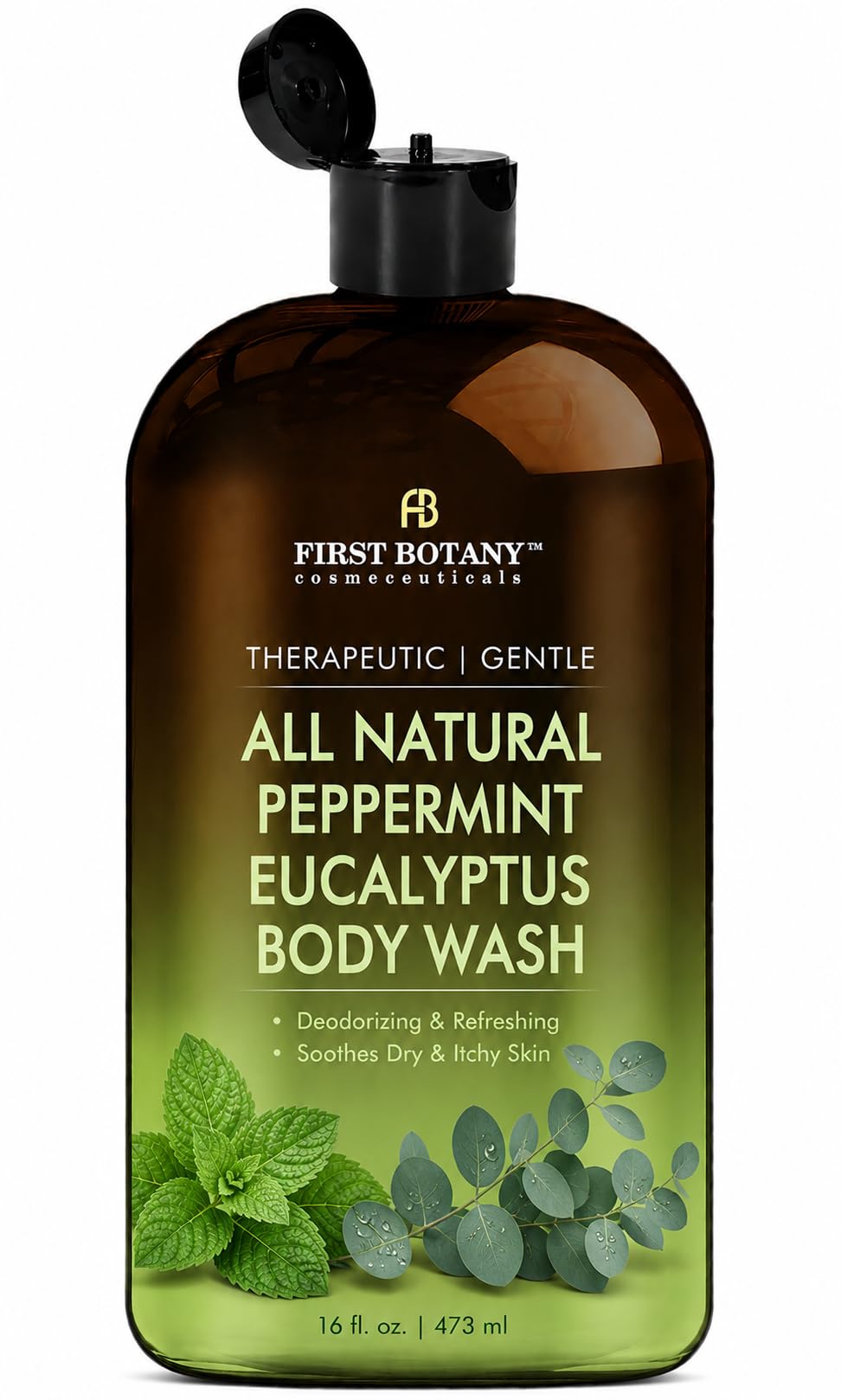 First Botany front bottle showing peppermint eucalyptus scent and clean packaging benefit