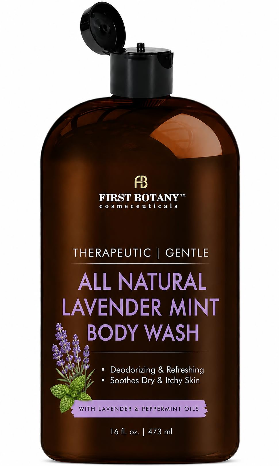 First Botany front packaging showing lavender-mint bottle and benefit of gentle cleansing