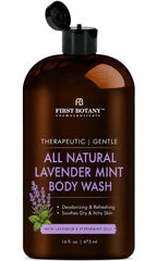 First Botany front packaging showing lavender-mint bottle and benefit of gentle cleansing