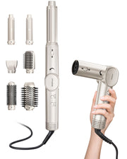 FiTwiND front view showing champagne gold unit and attachments for versatile styling