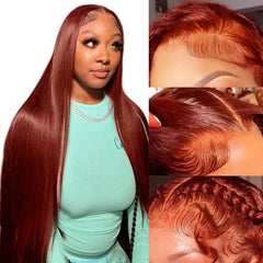 Fiumer front view showing auburn reddish brown wig and natural hairline for realism