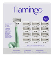 Flamingo front packaging showing handle and 13 refills for quick selection