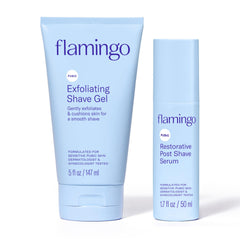 Flamingo front packaging of pubic hair shaving set showing both bottles and clear labeling for confident choice