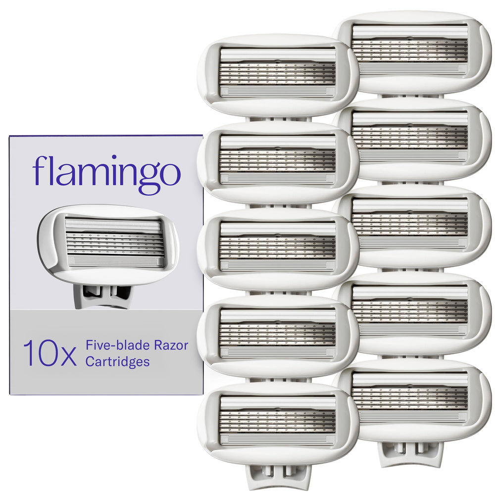 Flamingo front packaging showing ten refill cartridges and clear branding for convenience