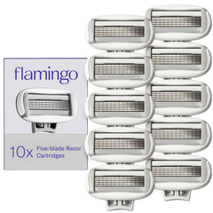 Flamingo front packaging showing ten refill cartridges and clear branding for convenience