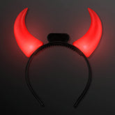 FlashingBlinkyLights front view showing large red horns and comfy black headband, eye-catching effect