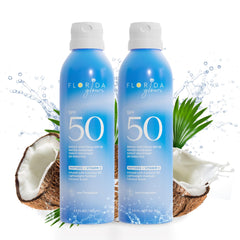 Florida Salt Scrubs front packaging showing SPF 50 spray for quick protection