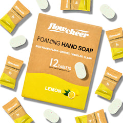 flowcheer front packaging showing lemon-scented tablet pack and eco benefit