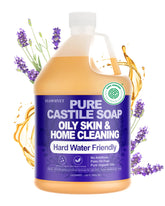 FLOWHYET front view of one-gallon lavender castile soap showing packaging and refill benefit
