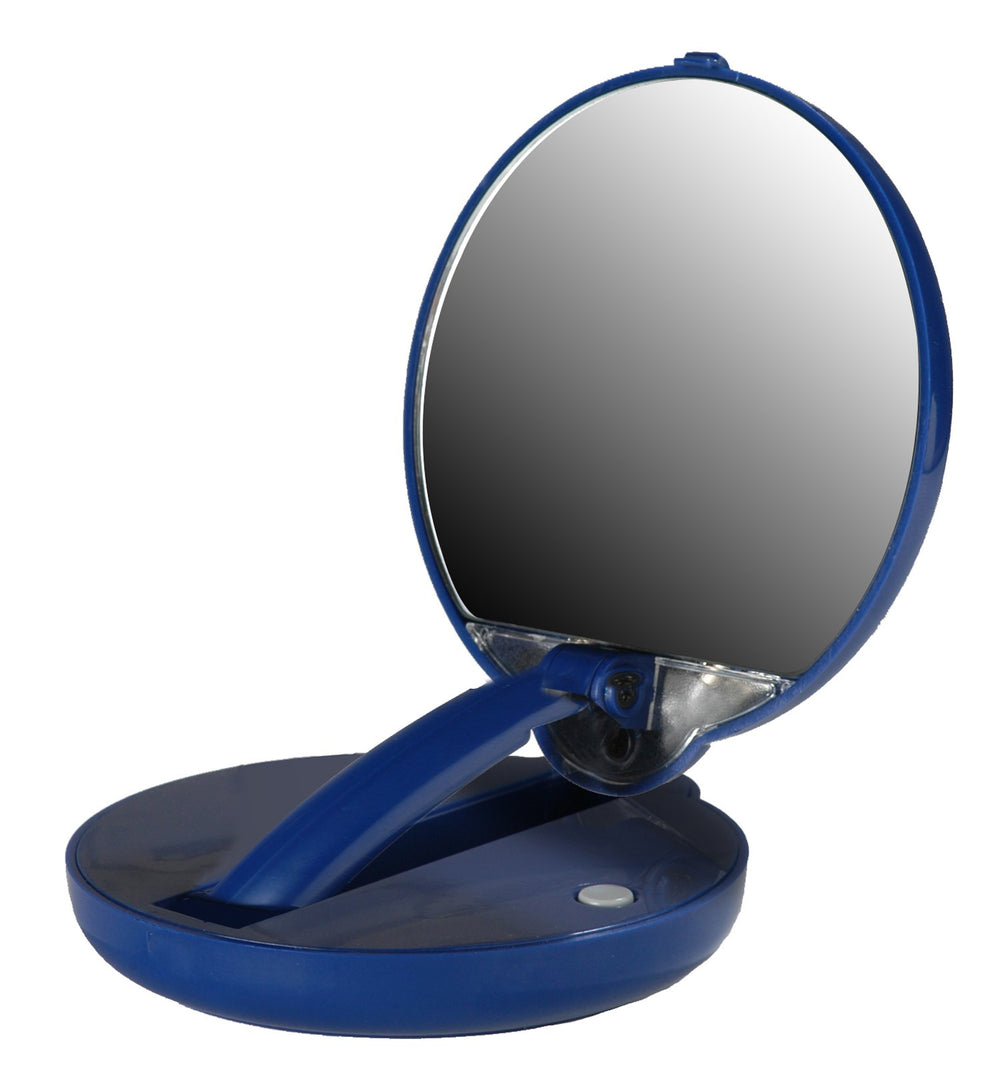 Floxite front view showing blue compact and mirror, ideal for travel