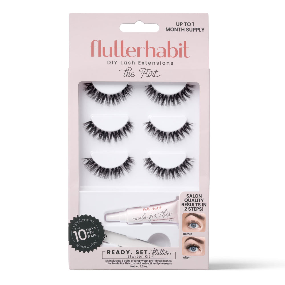 FlutterHabit front packaging showing complete underlash starter kit and convenience