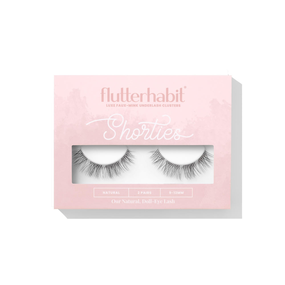 FlutterHabit packaging showing two pairs of Shorties underlash clusters for neat everyday definition