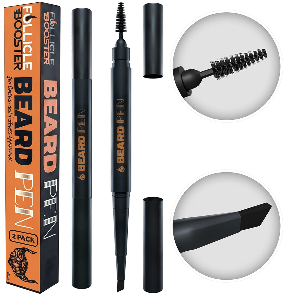 FOLLICLE BOOSTER front packaging showing the two black beard pens and benefits
