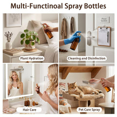Foraineam bottle with dust cap and sprayer protecting contents and preventing leaks