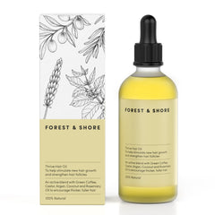 Forest & Shore front bottle image showing natural growth oil and easy dispense