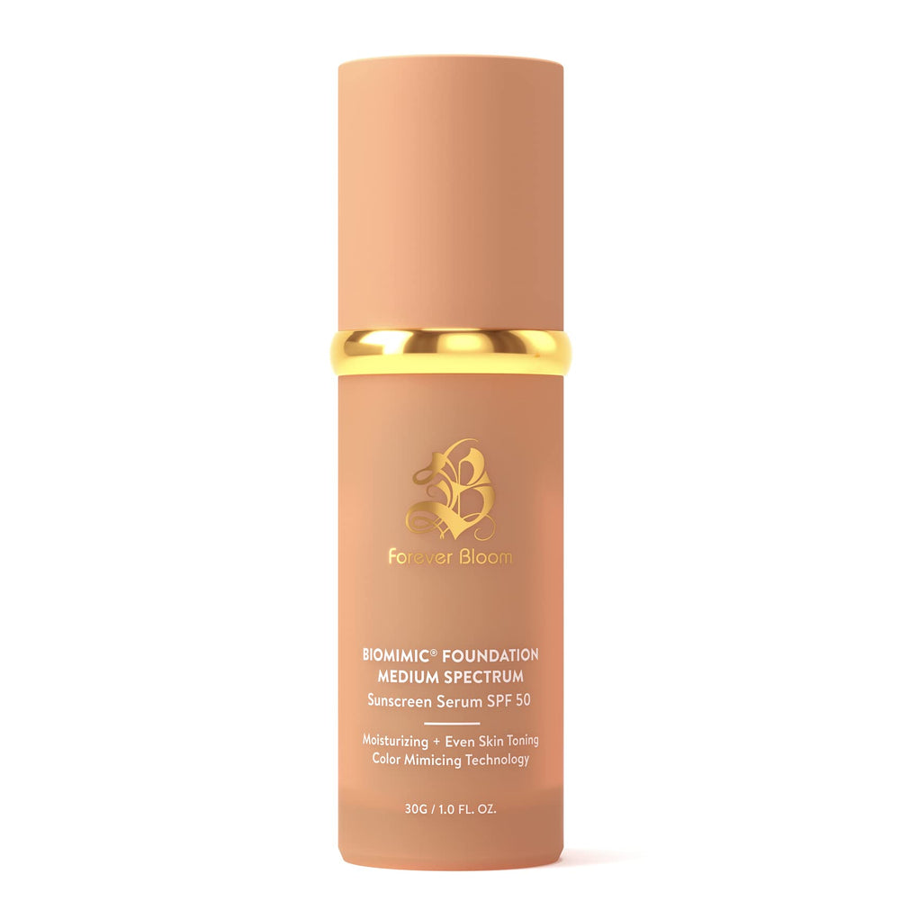 Forever Bloom front packaging showing bottle and medium spectrum shade benefit: clear branding