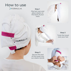 FORMUL-A wrap on long hair demonstrating secure fit and reduced frizz benefit