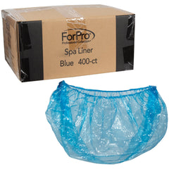 ForPro packaged box of 400 blue spa liners for easy salon restocking