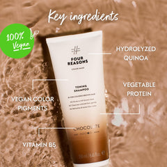 FOUR REASONS close up of label highlighting sulfate-free vegan formula benefits