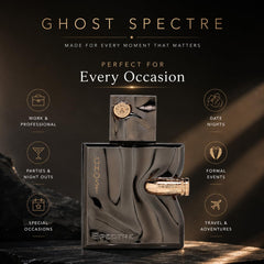 Fragrance World Spectre Ghost cap and nozzle closeup demonstrating mechanism and benefit: precise spray