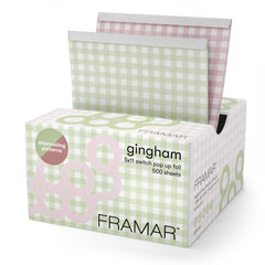 FRAMAR front box showing gingham print and 500-sheet supply for salon convenience