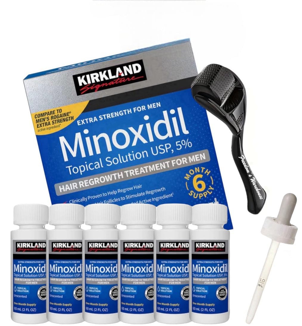 Freedom's Warehouse Kirkland minoxidil front packaging showing six bottles and benefits