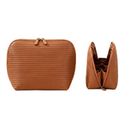 Frilgvenient front view of brown fold-down bag showing zip and handle for easy transport