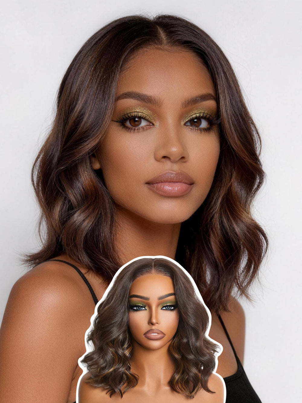 Frodio front view of wig packaging showing highlight brown and ready-to-wear benefit