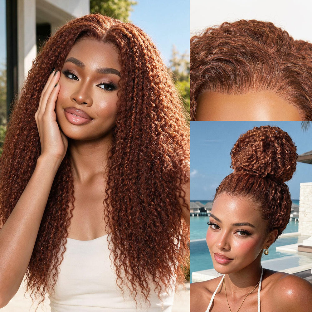 Frodio front view showing copper brown wig and full waves for instant style