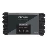 Fromm front view of six black ColorSafe towels showing compact pack and professional look