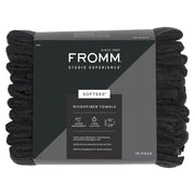 Fromm Softees front view of 10-pack black towels showing professional look