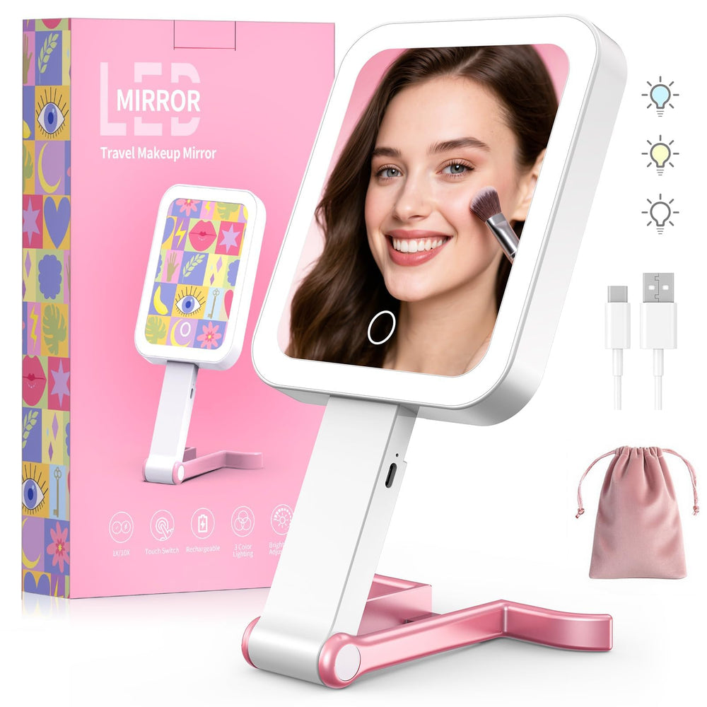 Fshyos front view pink compact mirror with even LED lighting benefit
