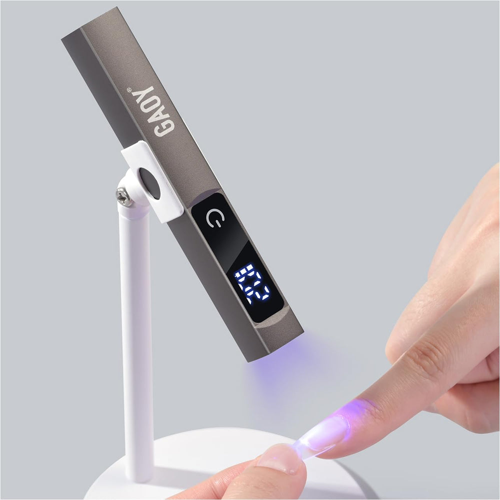 GAOY cordless UV lamp front view showing matte black finish and portability benefit