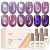 GAOY front view of six Violet Night bottles showing velvet purple hues and shimmer benefits