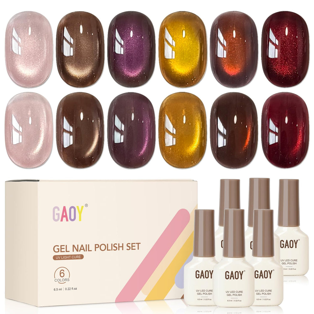 GAOY front packaging showing six gel polish bottles and magnet tool for easy styling