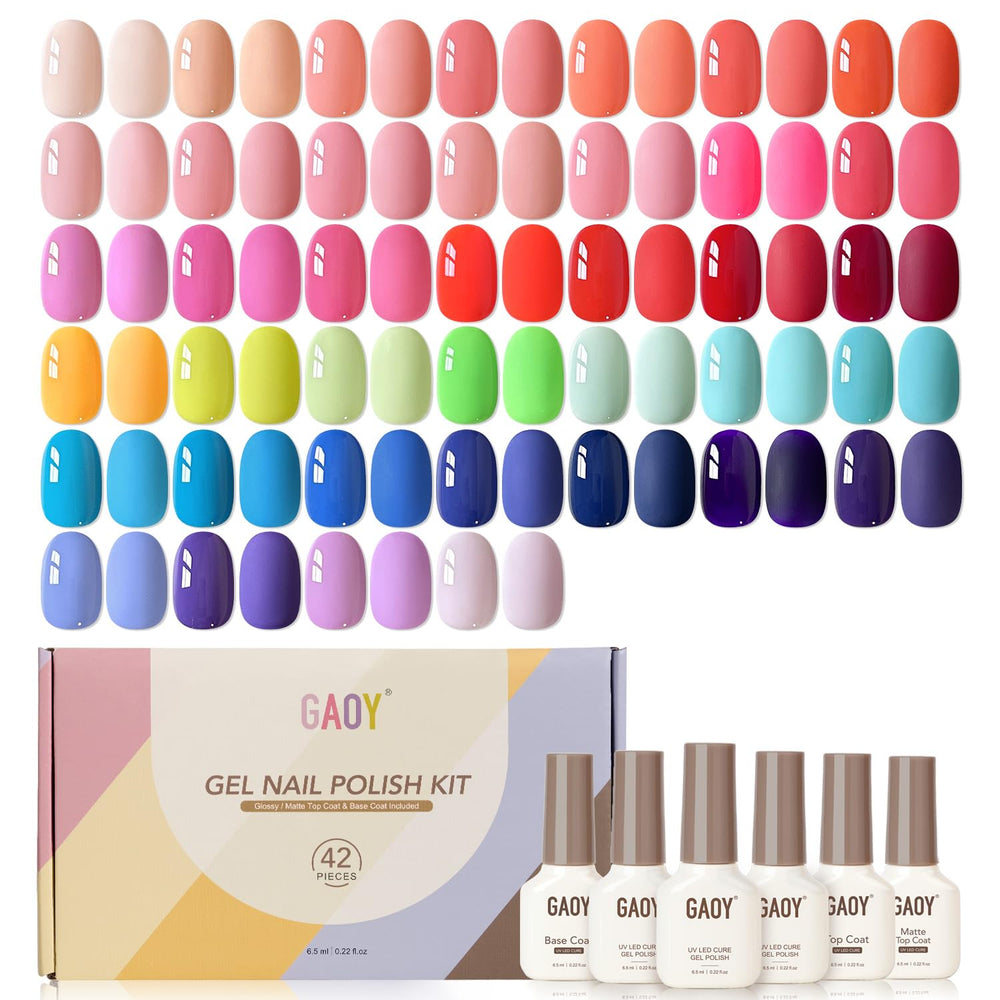 GAOY front packaging displaying 42-piece gel polish set and included top/base coats for convenience