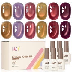 GAOY product front packaging showing six latte-sheen gel bottles and magnet benefit