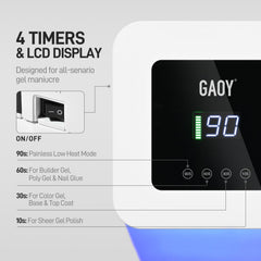 GAOY LCD display close-up showing timers and battery level for precise control